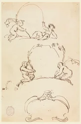 Tegning, Tre skitser af kartoucher, før 1775