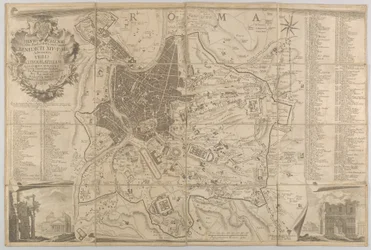 Plan over det antikke Rom med udsigt over Pantheon nederst til venstre og en triumfbue nedre rig..., 1748