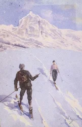 Skiløbere på Mt. Rose, Schweiz (farve litografi)
