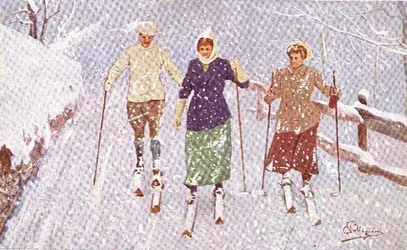 Tre skiløbere i en snestorm (farve litho)