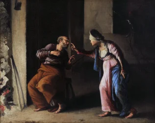 Fornægtelsen af Sankt Peter. Maleri af Carlo Saraceni (1579-1620). Olie på lærred. Mål: 38x48 cm. Musee Granet, Aix en Provence.