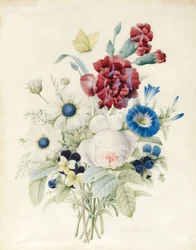 En spray af blomster inklusive en rose, en blå konvolvulus og stedmoderblomster, 1830 (wc og kropsfarve på papir)