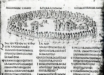 Illustration af en scene fra en af salmerne, fra Utrecht Psalter, kopi af originalen fra Reims nu i Utrecht University Library (pen & blæk)