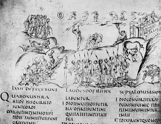 Illustration af forskellige scener fra en af salmerne, fra Utrecht Psalter, kopi af originalen fra Reims nu i Utrecht University Library (pen & blæk)