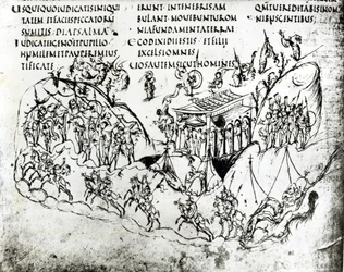 Forskellige scener, der illustrerer en salme, fra Utrecht-psalteret, kopi af originalen fra Reims, nu i Utrecht Universitetsbibliotek