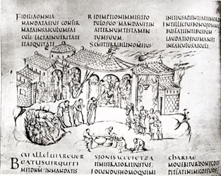 Forskellige scener, der illustrerer en salme, fra Utrecht Psalter, kopi af originalen fra Reims nu i Utrecht University Library (pen & blæk)