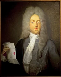 Portræt af John Law (1671-1729), skotsk finansmand og finansinspektør i Frankrig, ansvarlig for konkursen i 1720. Maleri af Casimir Balthazar (1811-1875), Olie på lærred