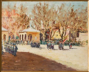 Militær procession (olie på pap)