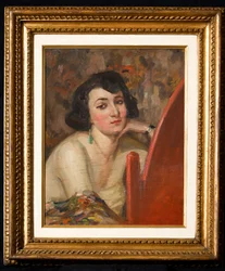 Woman at Mirror (olie på krydsfiner)