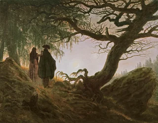 En mand og en kvinde, der betragter månen, af Caspar David Friedrich (1774-1840)
