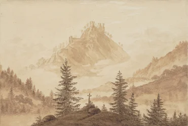 Bjerglandskab med tåge i dalen, ca 1805.