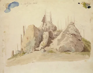 Rock and Tree: uafsluttet undersøgelse, 12. juli 1810 (wc og blyant på papir)