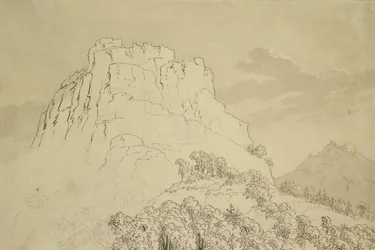 Rocky Hilltop med en Wooded Hill foran (blyant, pen og wc-vask på papir)