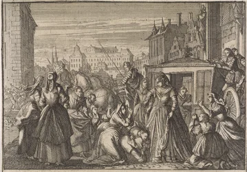 Kvinder knæler foran dronning Anna i Paris, beder hende om at skære i skatten, 1645