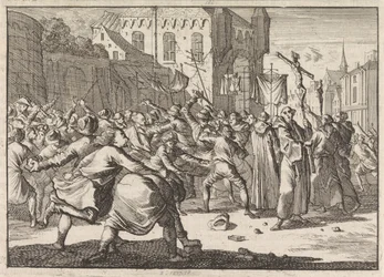 Ved Danzig hilses en procession af folket med stentrin, 1678