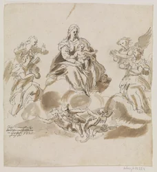 Jomfru Maria med barnet i himlen omgivet af engle og putti