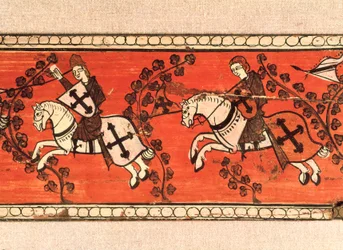 Riddere bærer flag. Tempera på træ fra udsmykningen af et tag. 13. århundrede.