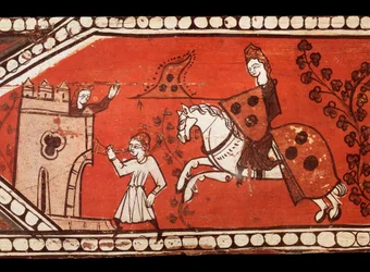 Riddere bærer flag: ridderen, prinsessen og herauten. Tempera på træ fra udsmykningen af et tag. 13. århundrede.