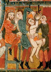 The Martyrium of St Margaret, helgenen bliver tortureret og derefter halshugget, detalje (tempera på træ)