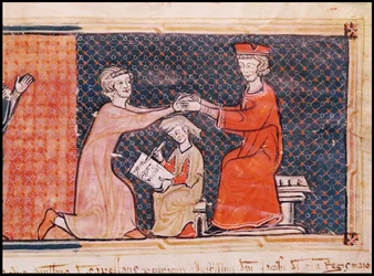 Den kongelige anklager, skriveren og feudalherren, fra Capbreu de Clayra et de Millas 1292