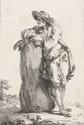 Bonde lænet op ad en sæk korn, 1758.