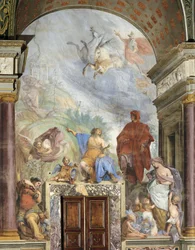 Lorenzo Magnificent talking with Prudence, fresko af Francesco Montelatici kendt som Cecco Bravo (1607-1661), Sølvmuseet, Pitti Palace, Firenze, Italien