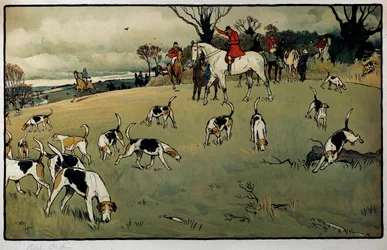 Hunting Scene, A Trail Watercolor af Cecil Aldin (1870-1935) Privat samling fra det 19. århundrede