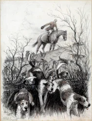 Jagtscene i England: Hundetegning af Cecil Aldin (1870-1935) Privatsamling fra det 19. århundrede