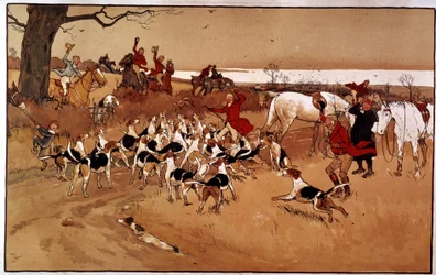Jagtscene løb; skydning. Gravering af Cecil Aldin (1870 -?), england. Saml. En del