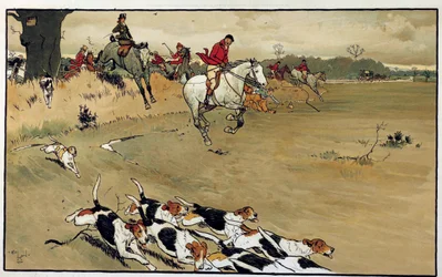 Jagtscene, hundeflokken gøer efter akvarelspillet af Cecil Aldin (1870-1935) Privatsamling fra det 19. århundrede