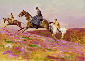 Lady Currie med sine sønner Bill og Hamish på jagt i Exmoor