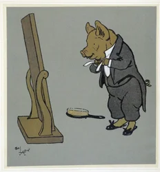 Pig se grooming, juster son knot de tie devant un miroir - in ""Merry Party"", ill. af Cécil Aldin, red. Hodder & Stoughton, London