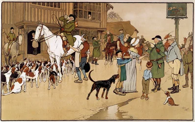 Stop ved kroen under en harejagt. Akvarel af Cecil Aldin (1870-1935)