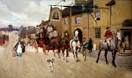 Stop fliden foran klokkens kro i Stilton Watercolor af Cecil Aldin (1870-1935) Privatsamling fra det 19. århundrede