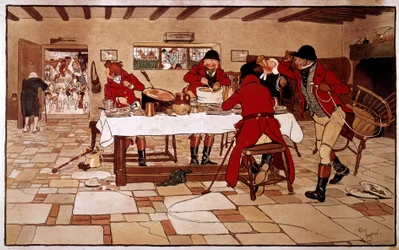 De tre duer snack. Jægere laver mad og spiser hurtigt, inden de tager på jagt. Gravering af Cecil Aldin (1870 -? ), England. Saml. Del