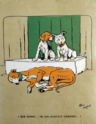 Hvorfor hopper vi ikke på to hunde, tøver med at vække en sovende gær? Akvarel af Cecil Aldin (1870-1935) Paris fra det 19. århundrede, dekorativ kunst
