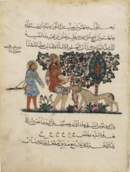 Græsk læge Erasistratos med en assistentfolio fra en arabisk oversættelse af Materia Medica af Dioscorides, 1224