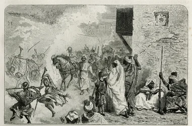 En ung dreng bærer i triumf ved tilbagekomsten af omskæringsceremonien, midt i mængden, der skyder pistolskud i luften, mens han skriger og hygger sig igen, gravering af C.Biseo for at illustrere historien Le Maroc af Edmondo de Amicis , i