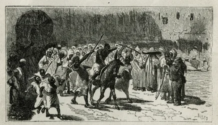 en tyvs chatiment, klatrer på et muldyr, han modtager stave under folkemængdens huees, stik af C.Biseo, til illustration af historien Le Maroc af Edmondo de Amicis, i 1875, offentliggjort i tour du monde, under ledelse af Edouard Charton