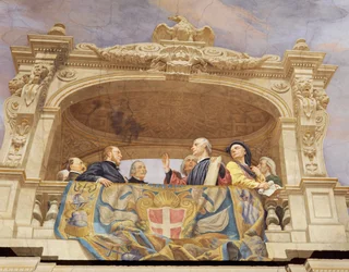 Detalje fra Allegory of Italy, fresko af Cesare Mariani (1826-1901), loft, Majoritetens sal, Palazzo delle Finanze (Finanspaladset), Rom. Italien