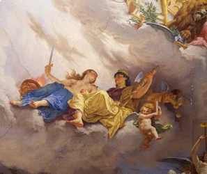 Detalje fra Allegory of Italy, fresko af Cesare Mariani (1826-1901), loft, Majority Hall, Palazzo delle Finanze (Finanspaladset), Rom. Italien