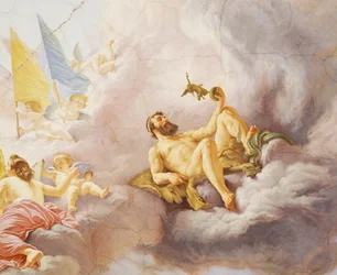 Detalje fra Allegory of Italy, fresko af Cesare Mariani (1826-1901), loft, Majority Hall, Palazzo delle Finanze (Finanspaladset), Rom. Italien