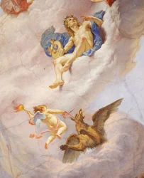 Detalje fra Allegory of Italy, fresco af Cesare Mariani (1826-1901), loft, Hall of Majority, Palazzo delle Finanze (Finanspaladset), Rom. Italien