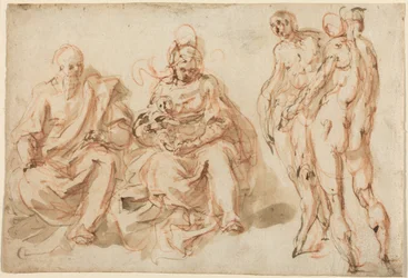 The Adoration of the Shepherds (pen og brunt blæk med lysebrun vask over rødt kridt på lagt papir)