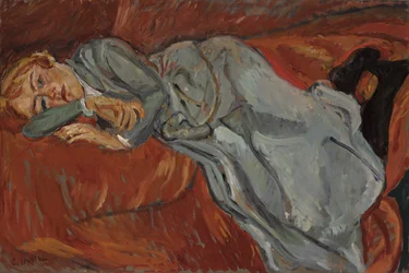 Kvinde liggende på en rød sofa; Kvinde liggende på en rød divan, ca. 1916