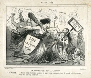 Illustration af Cham (1819-1879) i Le Charivari, omkring 1850-4-3 - Den nye lov om pressen - Censur, Presse/Media, Loi - Proudhon Pierre-Joseph (1809-1965), Girardin Emile de (1806- 1881) - Allegorie