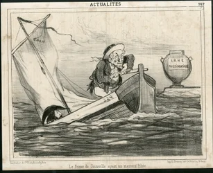 Illustration af Cham (1819-1879) i Le Charivari, omkring 1850 - Prinsen af Joinville har en dårlig pilot - Valg, republikkens præsident, Maritime Marine Nautique Balneaire - Thiers Adolphe, Francois d