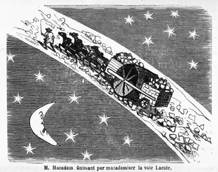 Tegnefilm på stenbelægningen af gader, MacAdam, skotsk ingeniør (1756-1838): "" M. Macadam slutter med at makadamisere Mælkevejen""" - i "" Album Charivarique"", ill. de Cham