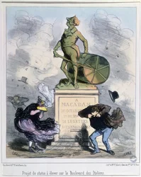 Projekt til at rejse en statue til ære for Macadam på Boulevard des Italiens, Paris (farve litho)