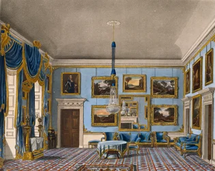 Blå fløjlssal, Indgravering af Daniel Havell (1785-1826), Baseret på design af Charles Wild (1781-1835), Fra The History of the Royal Residences